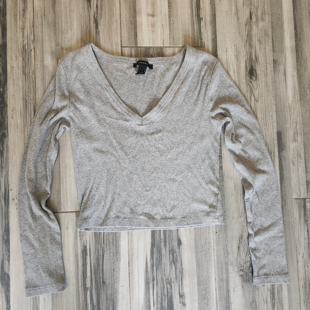 Gray V Neck Long Sleeve Tee